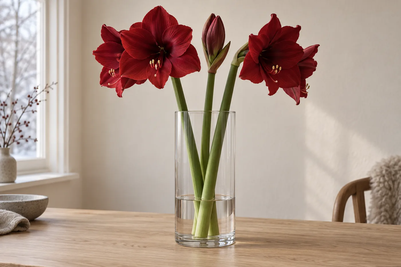 Rød snittamaryllis i en høy glassvase med lite vann