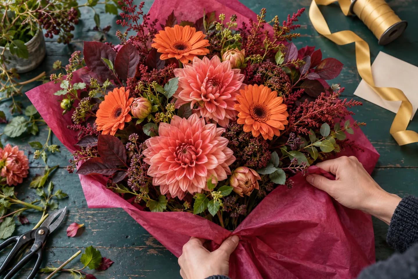 Fargerik bursdagsbukett med korallrosa georginer og oransje gerbera pakkes i rosa papir