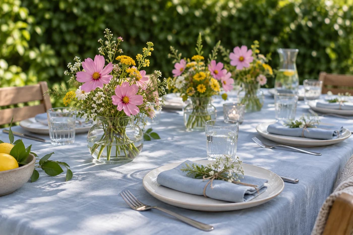 Et lite festbord med blå duk og små blomstervaser foran en grønn hekk