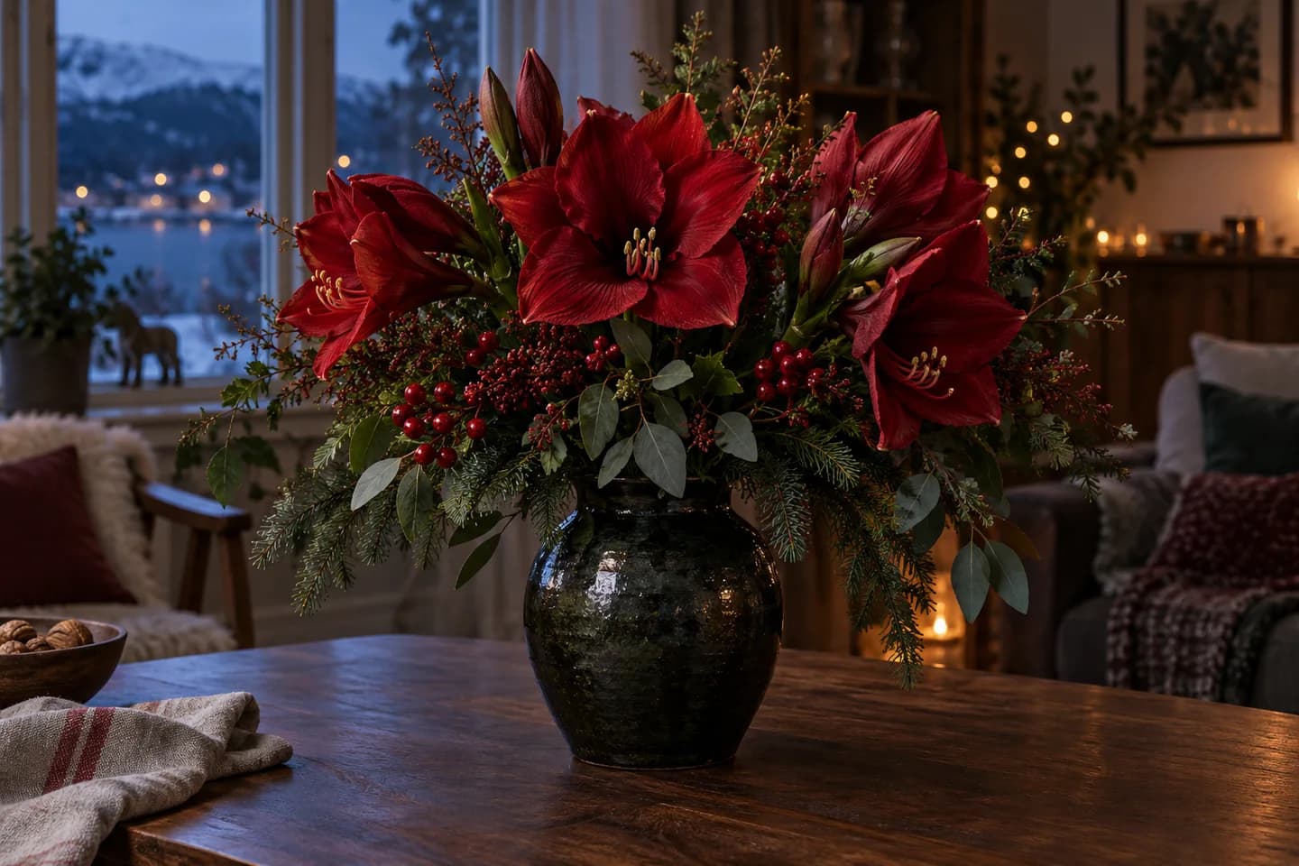 Mørkerød amaryllis med vintergrønt i en mørk vase ved et vindu i blå vinterkveld