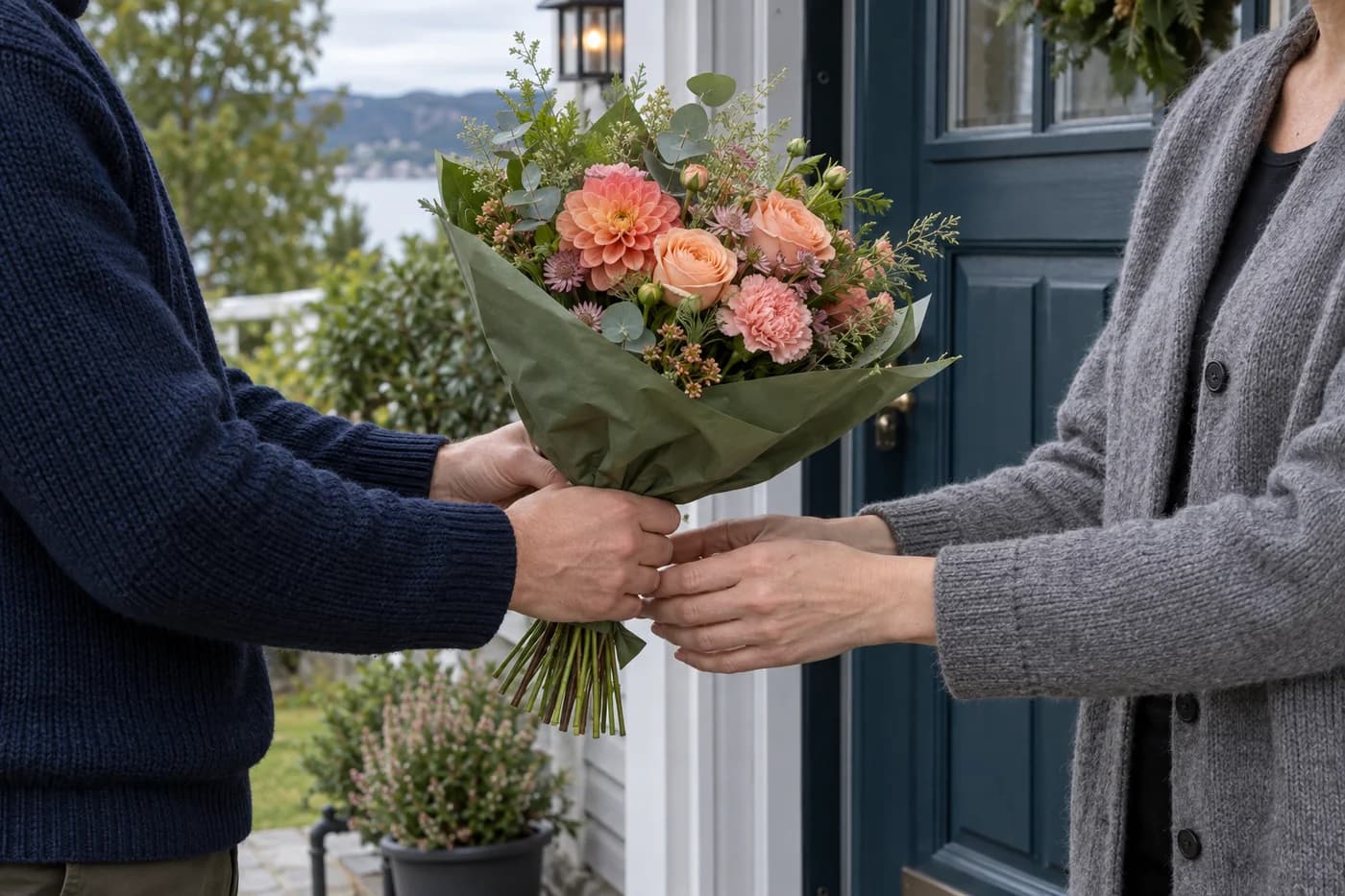 En bukett med rosa og aprikosfargede blomster overrekkes ved en blå inngangsdør