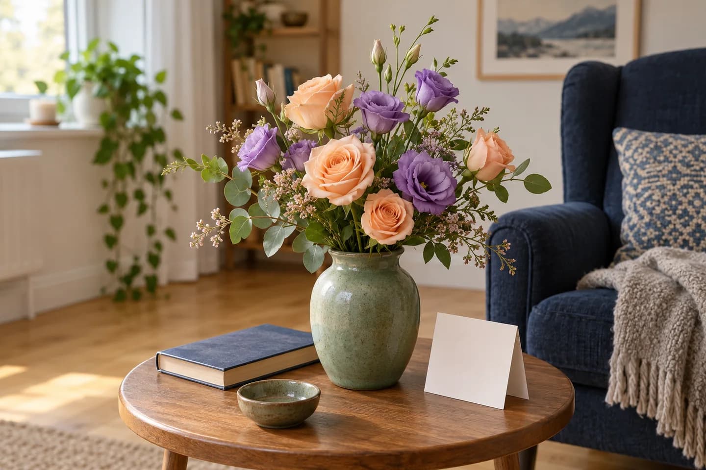 Liten bukett med aprikosfargede roser og lilla lisianthus ved en blå lenestol