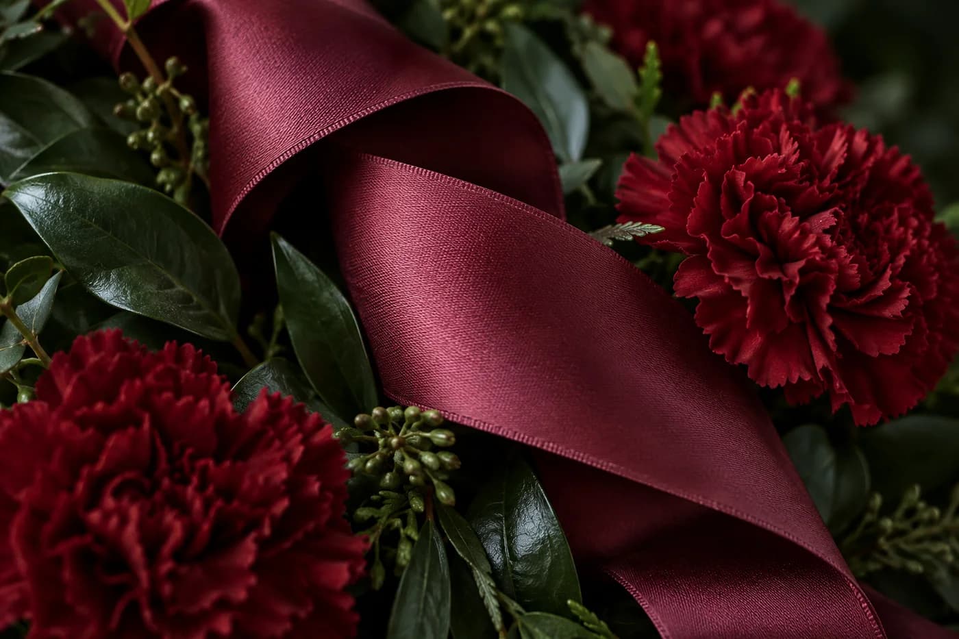 Burgunderrødt sløyfebånd blant røde blomster og mørkegrønne blader