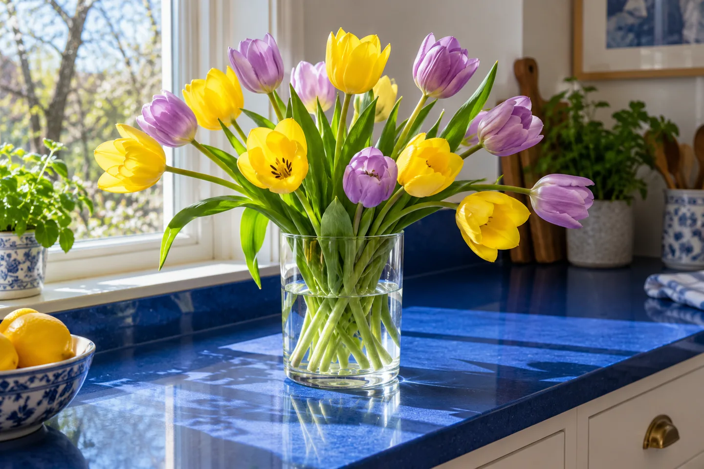 Gule og lilla tulipaner i en klar glassvase på en blå kjøkkenbenk i sollys