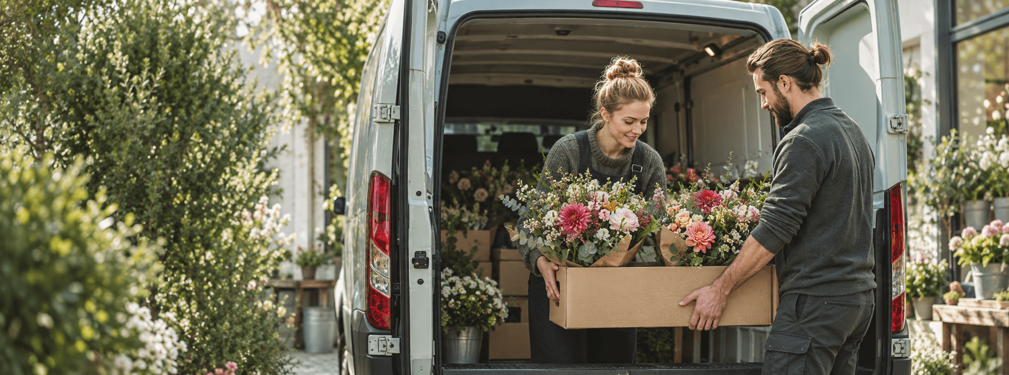 To blomsterhandlere gjør klar friske buketter ved en varebil.