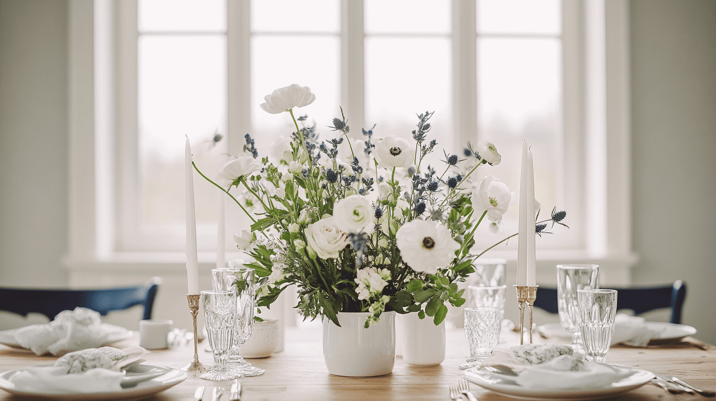 Festbord pyntet med blomster til konfirmasjon.